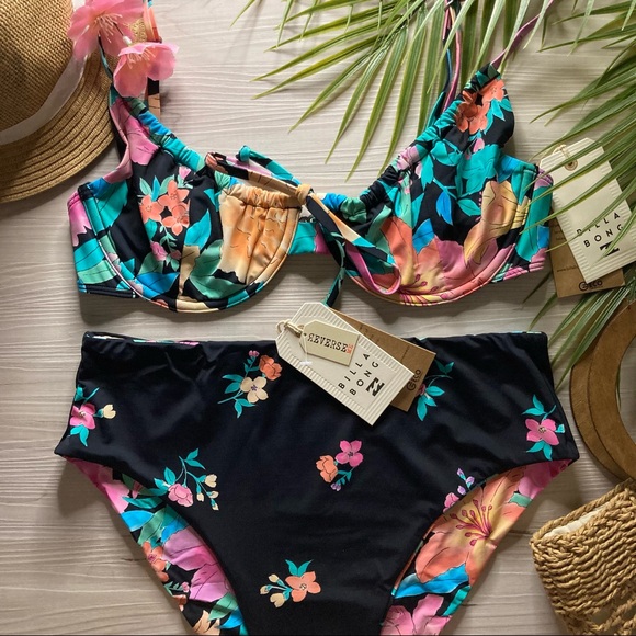 Billabong 🌺 Floral Rev Ruched Underwire Top | High Rise Bikini Bottoms 👙🌴 - Picture 11 of 16